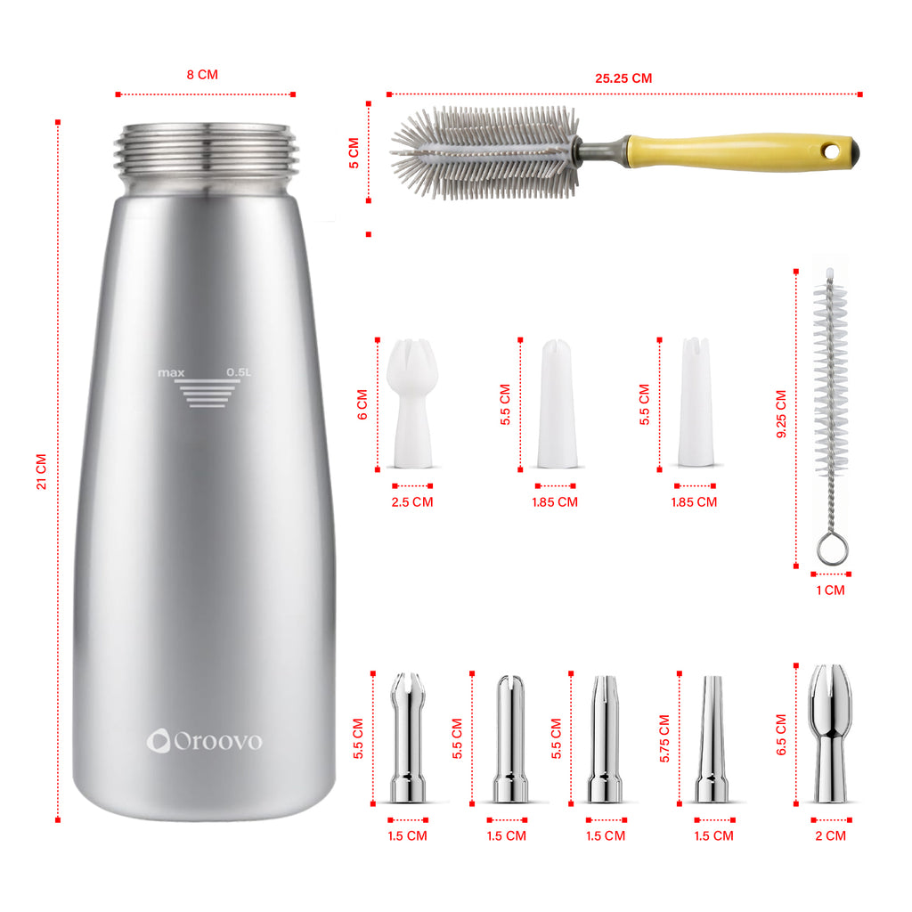Professional Aluminum Whipped Cream Dispenser 500ml / 1 Pint – Leak-Proof Whipped Cream Maker with 5 Stainless Steel & 3 PP Decorating Nozzles, 2 Cleaning Brushes – N2O Chargers Not Included