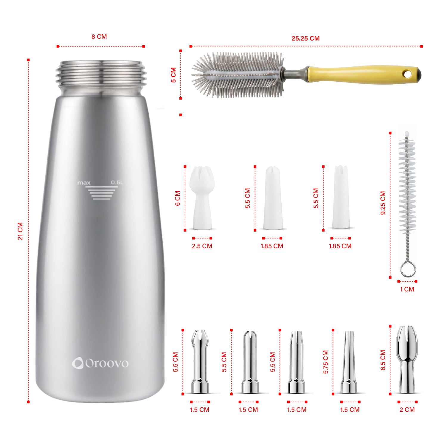 Professional Aluminum Whipped Cream Dispenser 500ml / 1 Pint – Leak-Proof Whipped Cream Maker with 5 Stainless Steel & 3 PP Decorating Nozzles, 2 Cleaning Brushes – N2O Chargers Not Included
