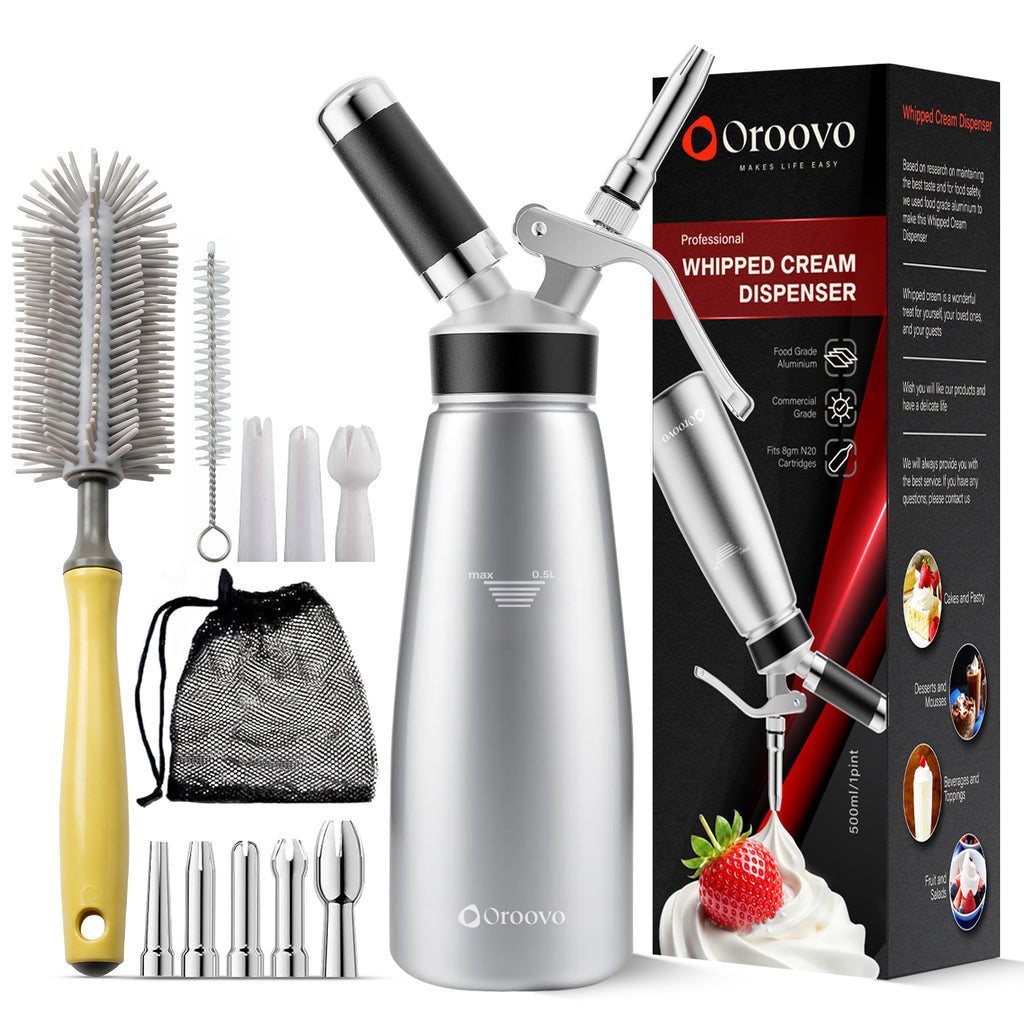 Professional Aluminum Whipped Cream Dispenser 500ml / 1 Pint – Leak-Proof Whipped Cream Maker with 5 Stainless Steel & 3 PP Decorating Nozzles, 2 Cleaning Brushes – N2O Chargers Not Included