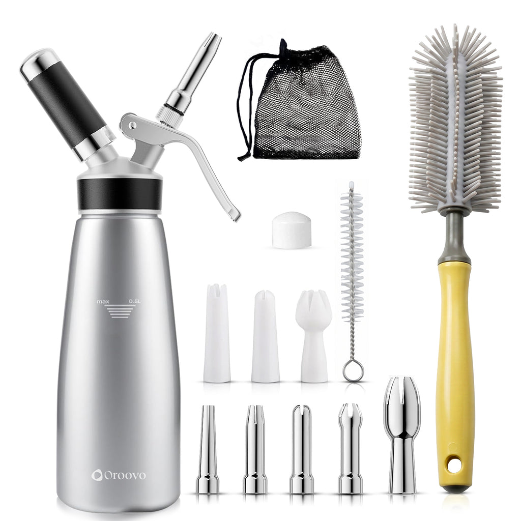 Professional Aluminum Whipped Cream Dispenser 500ml / 1 Pint – Leak-Proof Whipped Cream Maker with 5 Stainless Steel & 3 PP Decorating Nozzles, 2 Cleaning Brushes – N2O Chargers Not Included