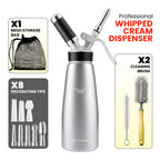 Professional Aluminum Whipped Cream Dispenser 500ml / 1 Pint – Leak-Proof Whipped Cream Maker with 5 Stainless Steel & 3 PP Decorating Nozzles, 2 Cleaning Brushes – N2O Chargers Not Included