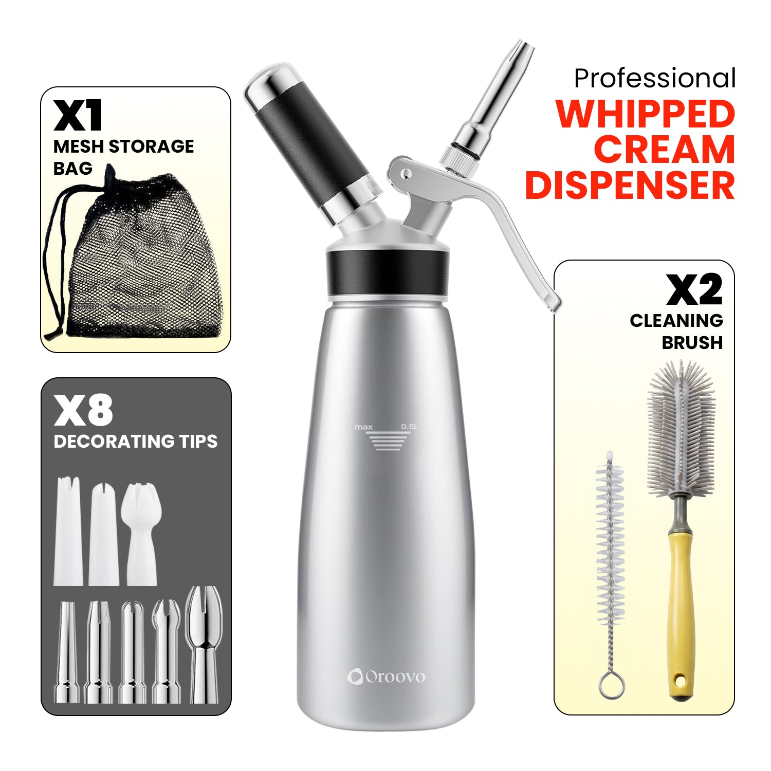 Professional Aluminum Whipped Cream Dispenser 500ml / 1 Pint – Leak-Proof Whipped Cream Maker with 5 Stainless Steel & 3 PP Decorating Nozzles, 2 Cleaning Brushes – N2O Chargers Not Included